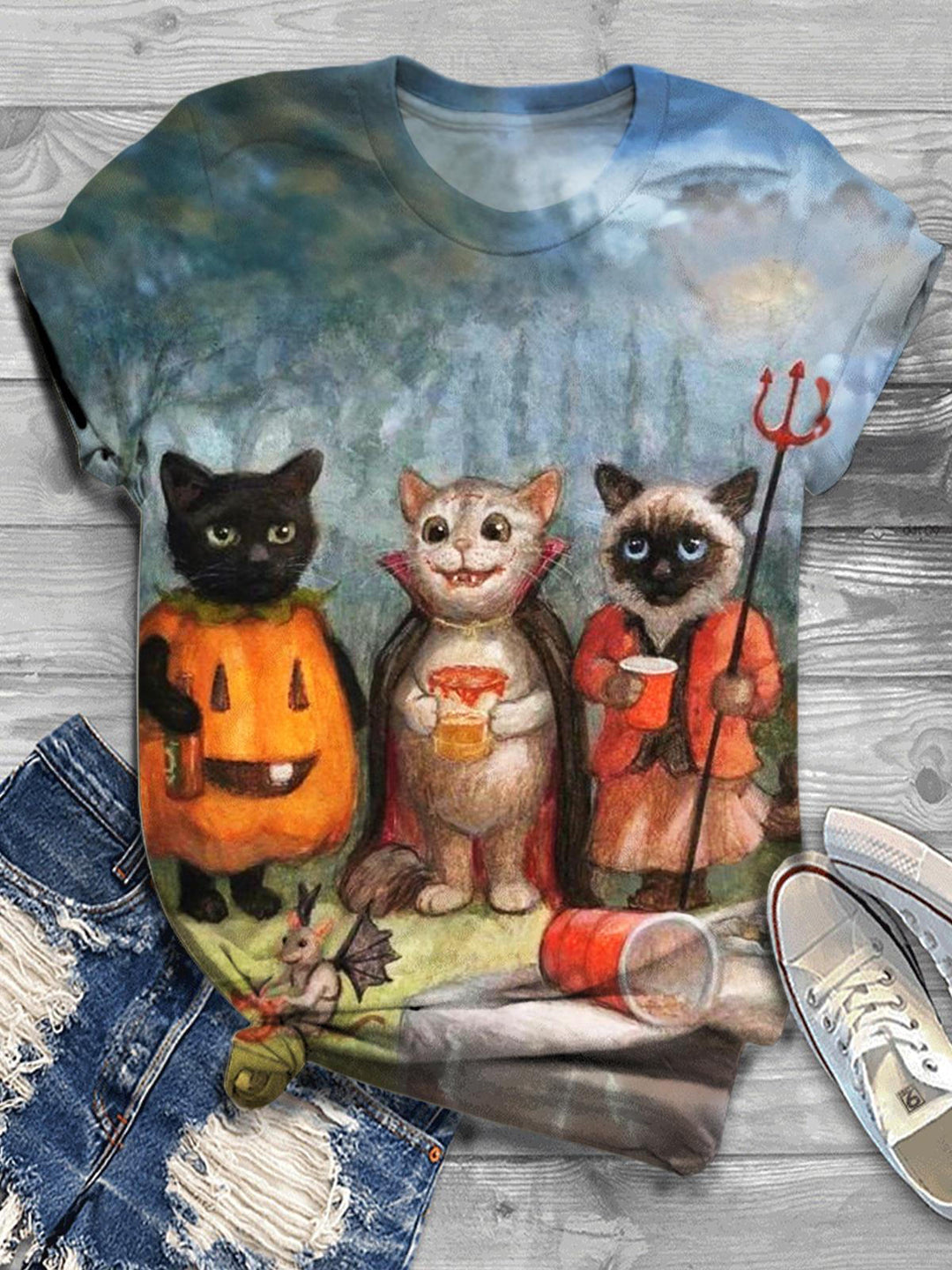 Lässiges Rundhals-Top mit Halloween-Katzen-Print