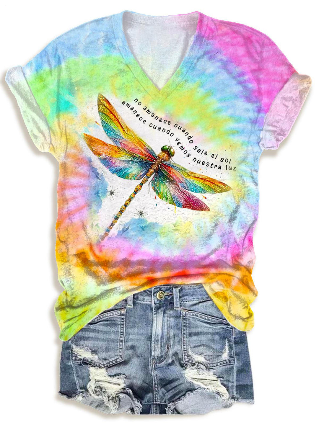 Spring And Summer Colorful Dragonfly Print V-neck T-Shirt