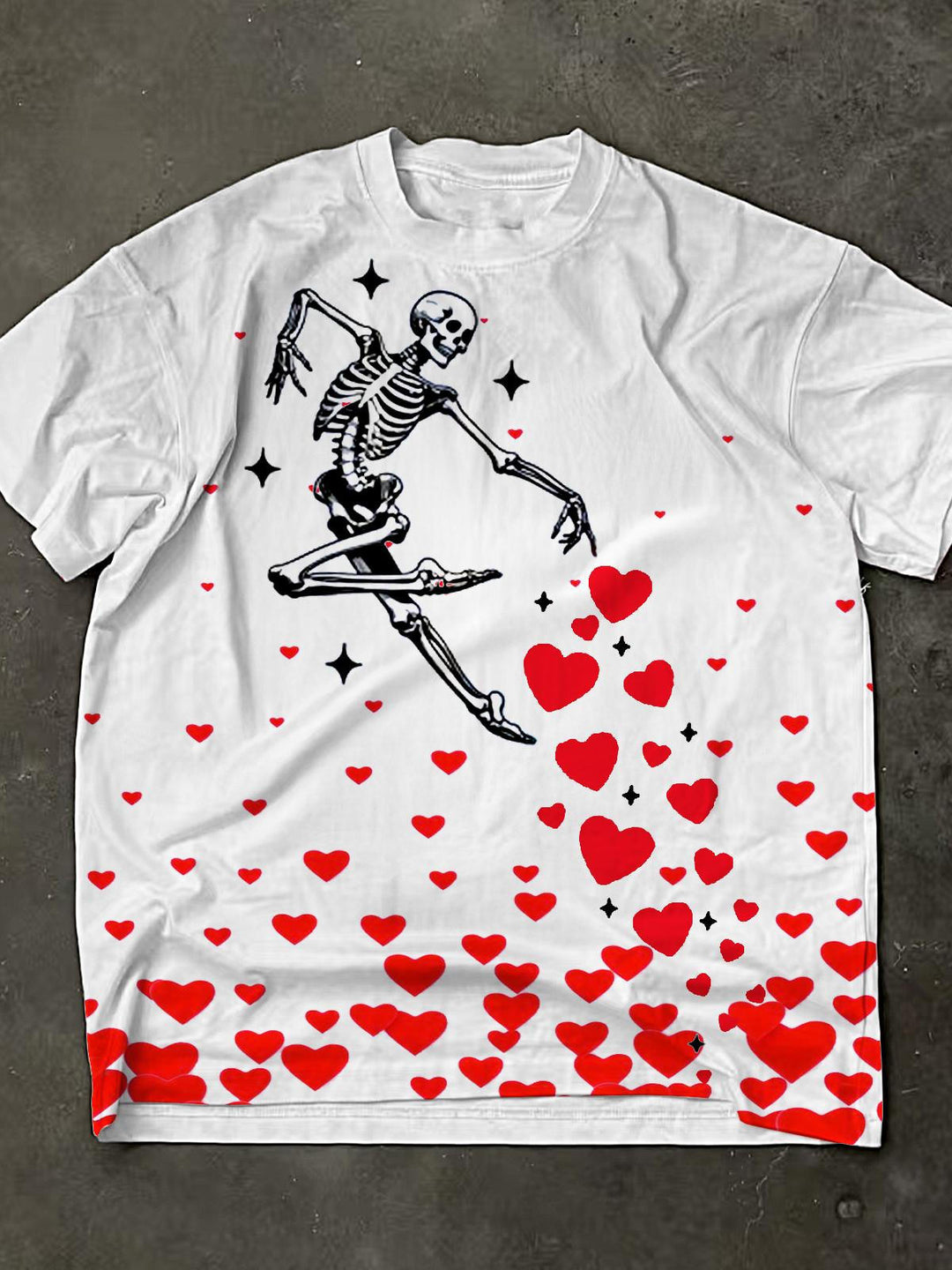 Valentine's Day Heart Dancing Skull PrintCrew Neck T-shirt