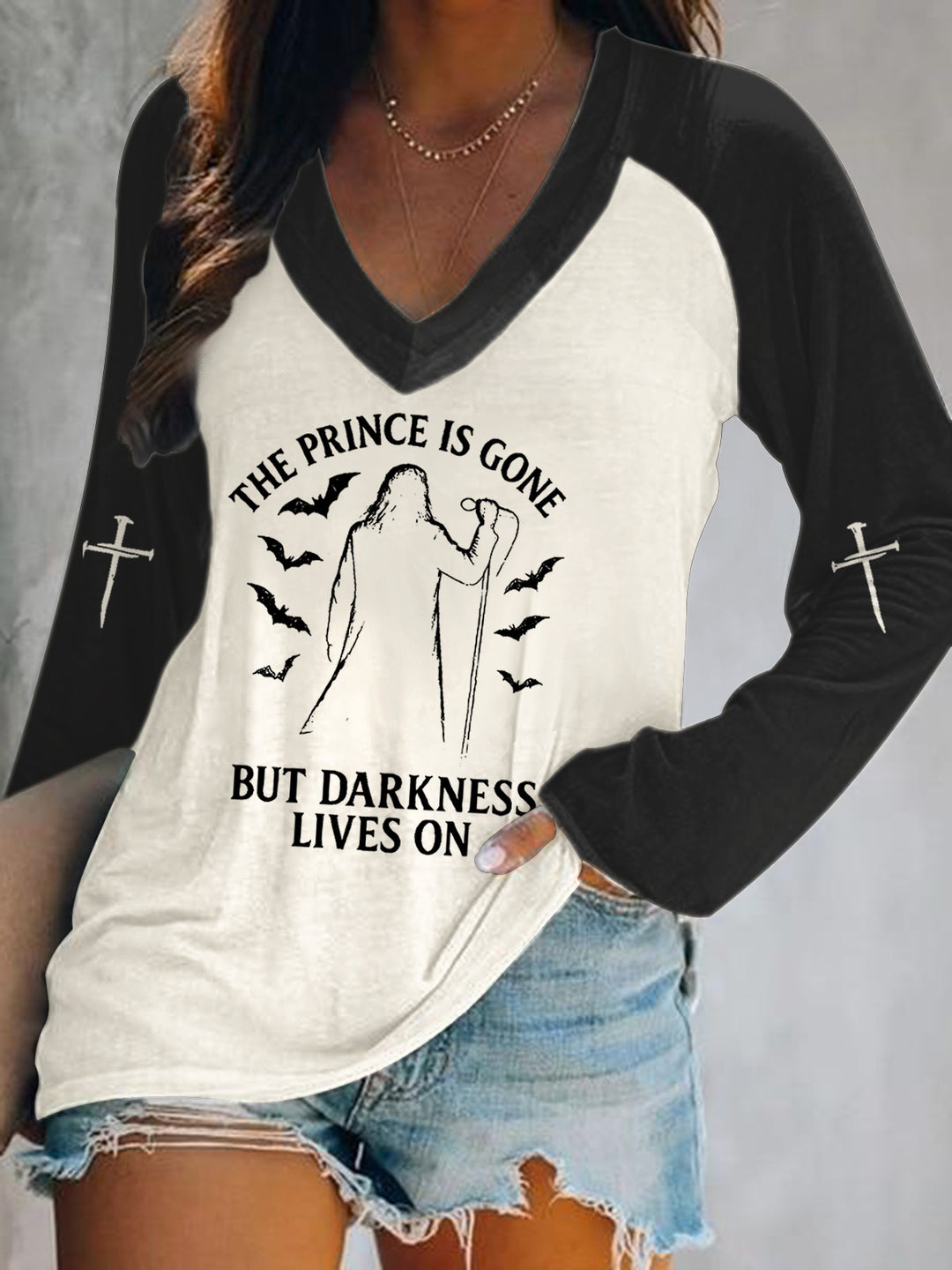 THE PRINCE IS GONE BUT DARKNESS LIVES ON Print V-Neck Long Sleeve Top