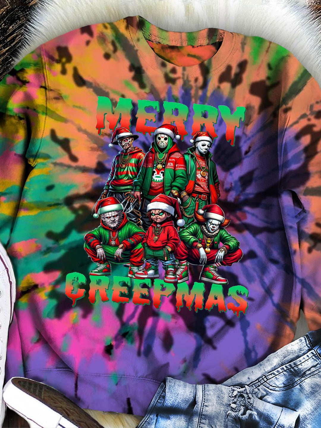 Women's Merry Creepmas Tie Dye Fun Print Long Sleeve Top
