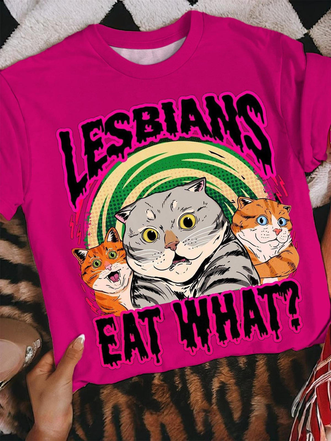 Women's Cat Pink Crew Neck T-shirt