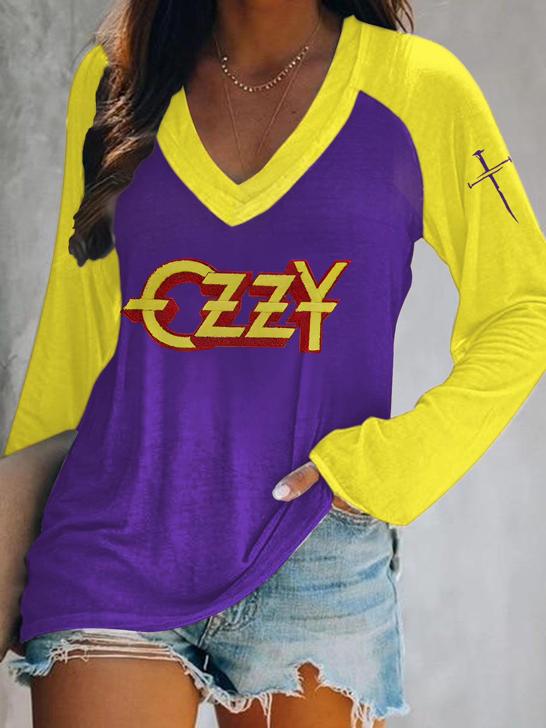 Ozzy Osbourne Print V-Neck Long Sleeve Top
