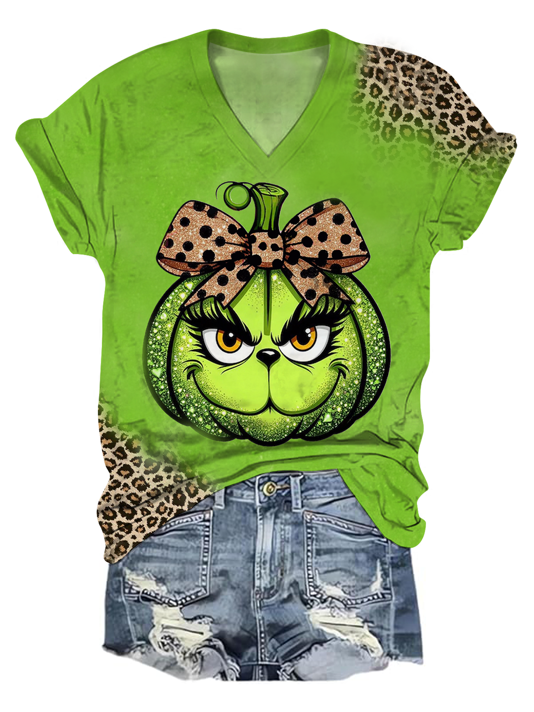 Leopard Coquette Bougie Grinch V-Neck T-Shirt