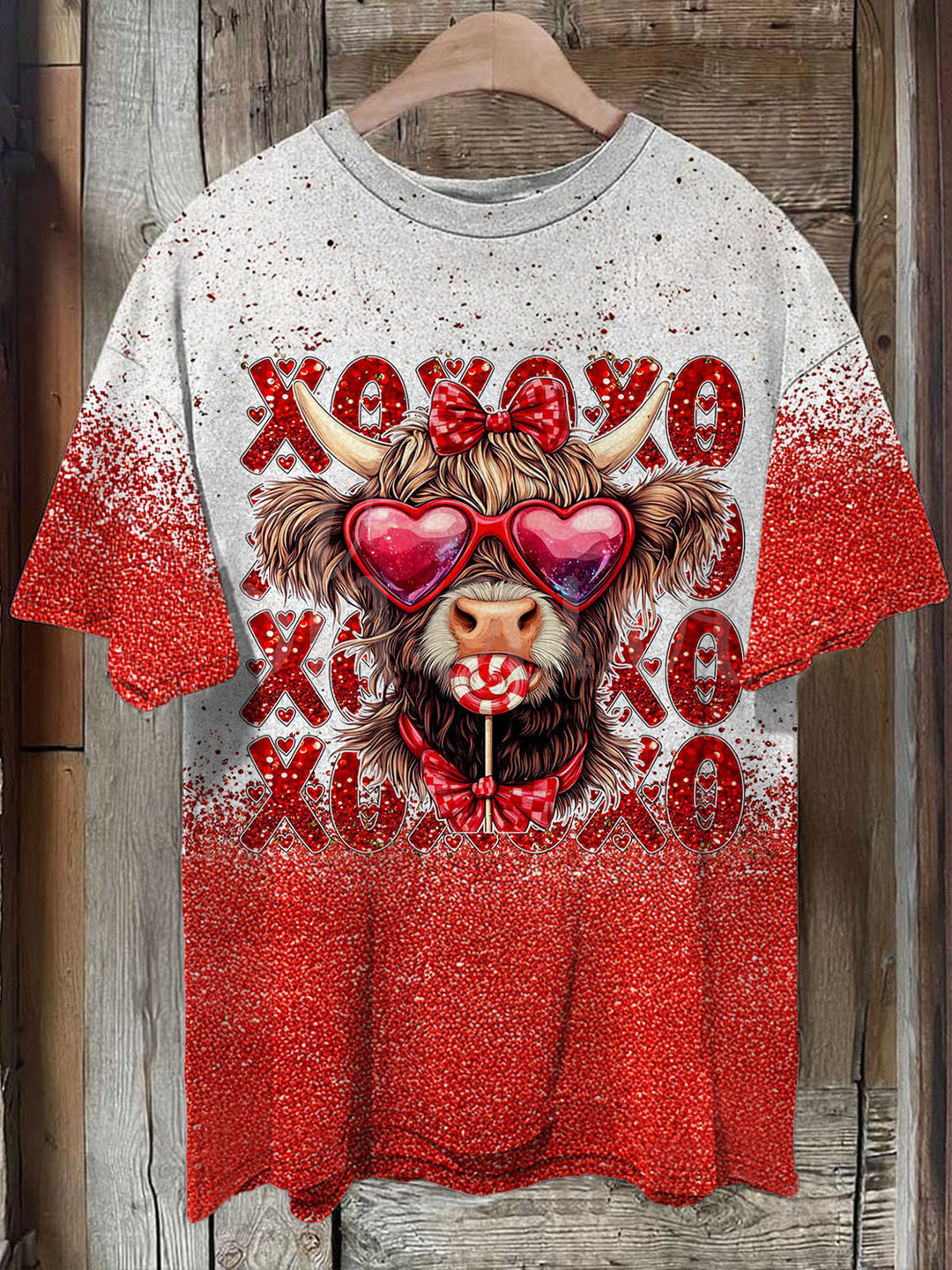 Women's Xoxo Highland Cow Valentine's Day Crew Neck T-shirt