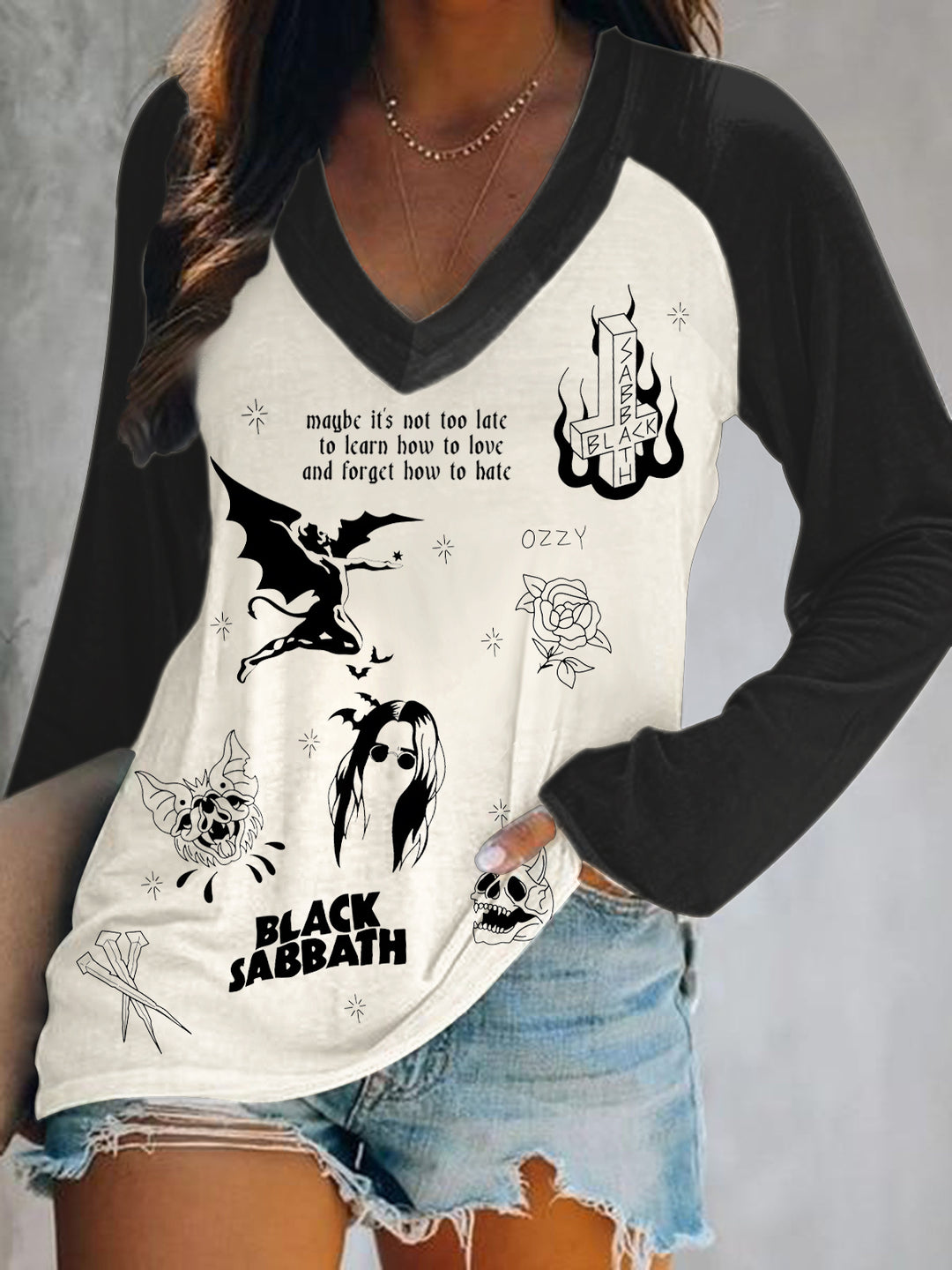 Ozzy Osbourne Print V-Neck Long Sleeve Top