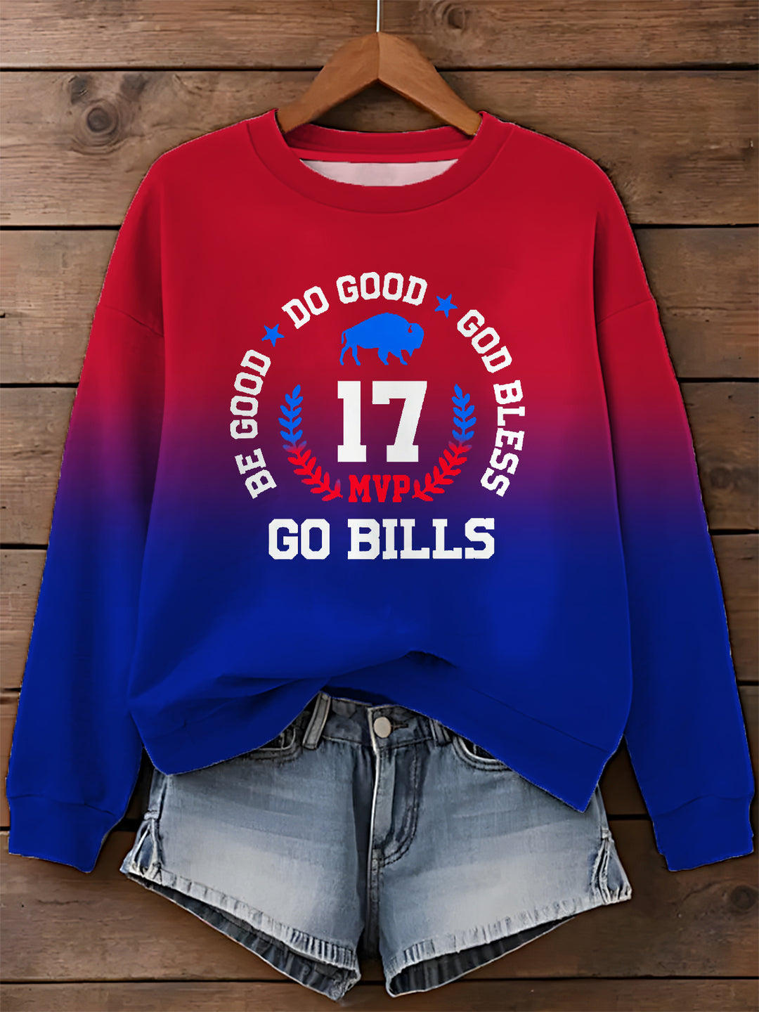 Langärmliges Freizeitoberteil mit „Go Bless Go Bills“-Print