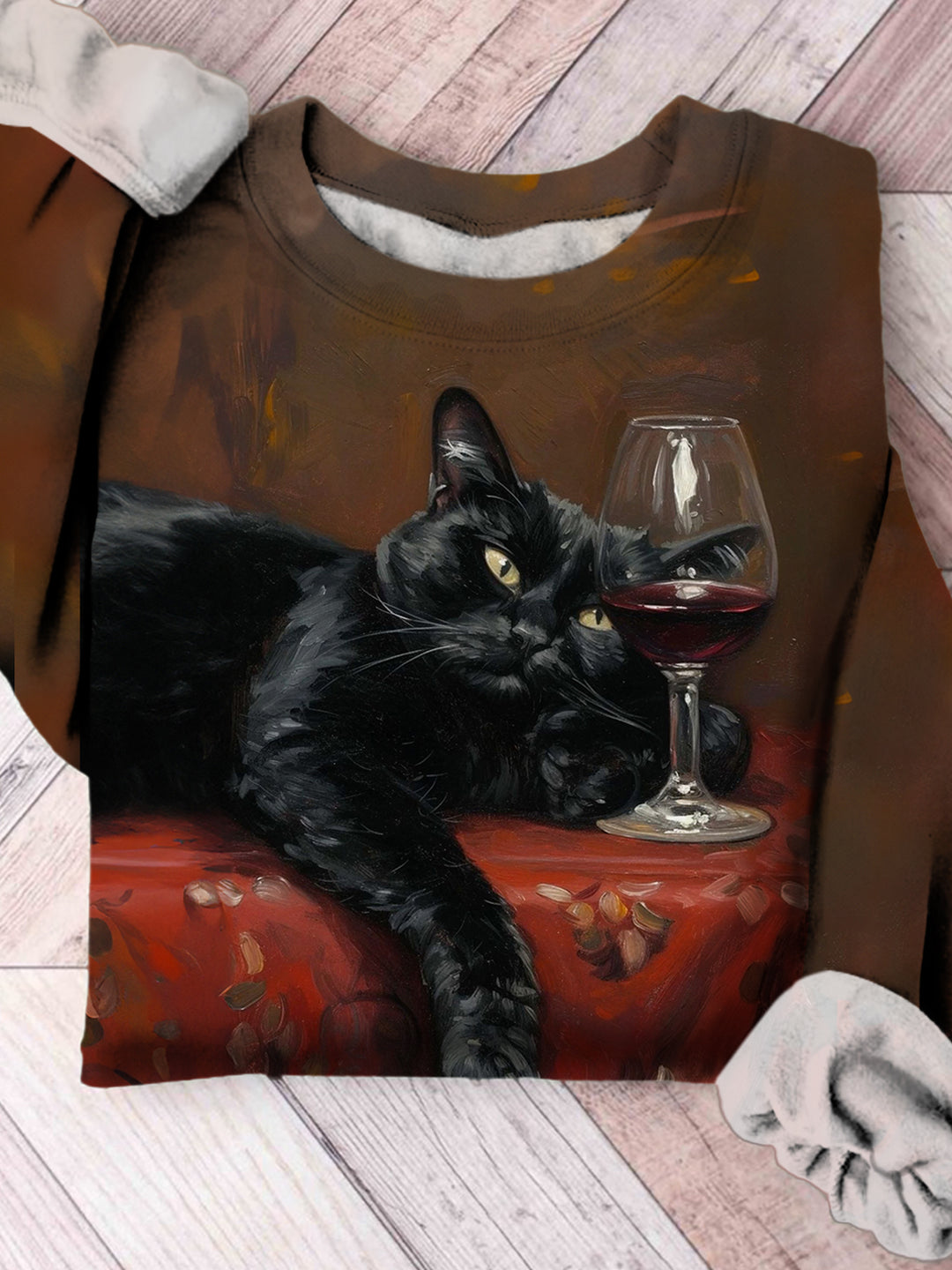 Women's Cat Red Wine Oil Painting Retro Print Casual Long Sleeve Top