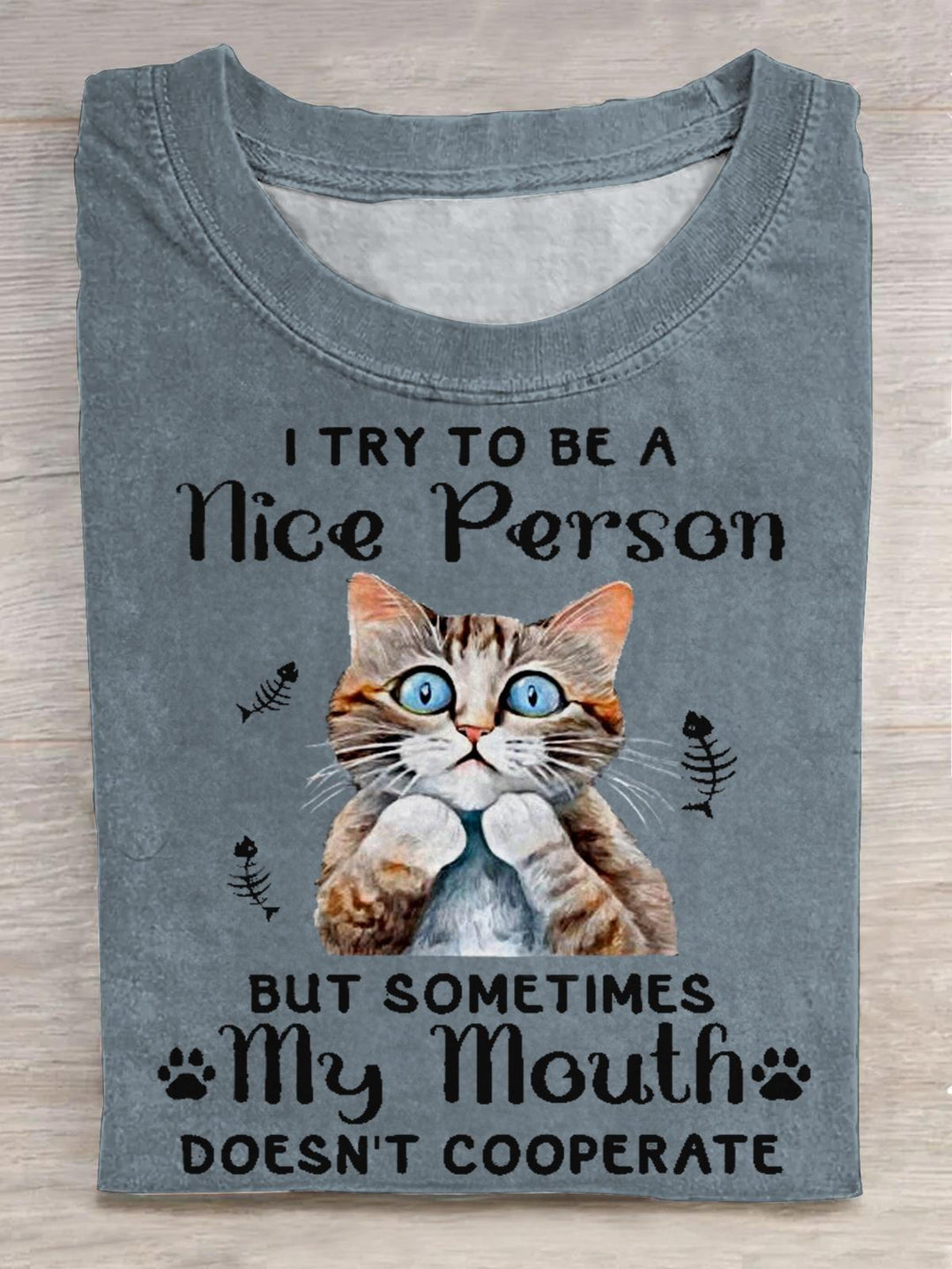 T-Shirt mit Rundhalsausschnitt und Retro-Kätzchen-Print „I Try To Be A Nice Guy“