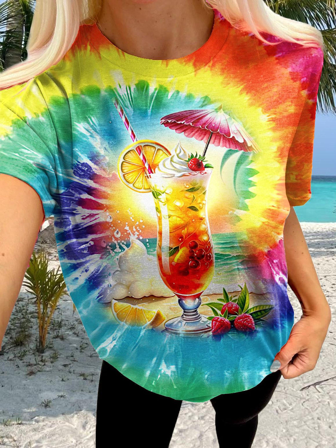 Beach Juice Vacation Tie Dye Printed Crew Neck T-shirt