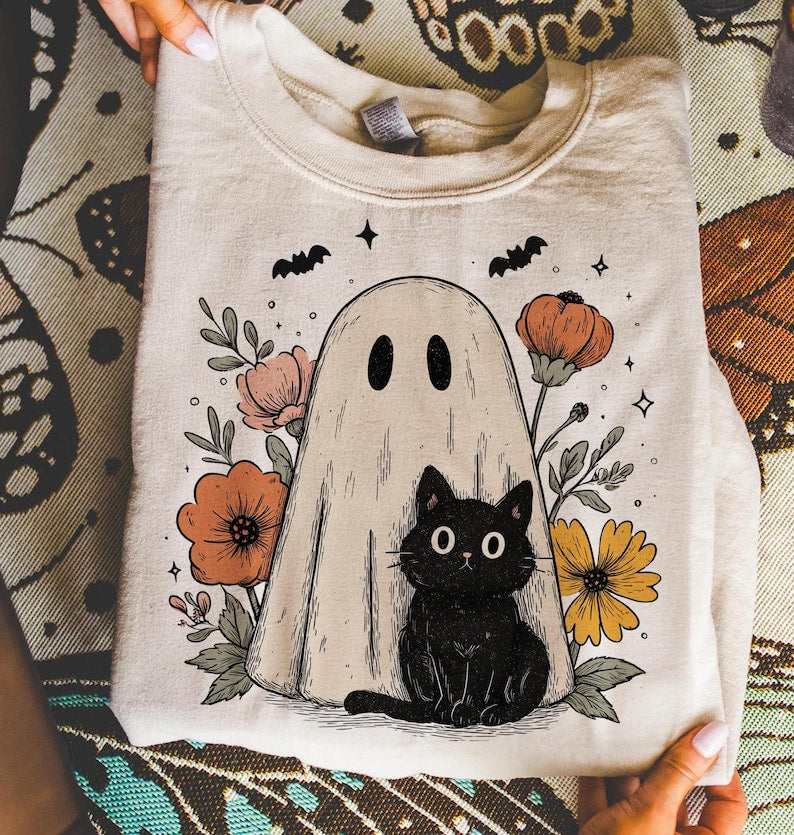 Cute Halloween Ghost and Cat Long Sleeve Casual Top