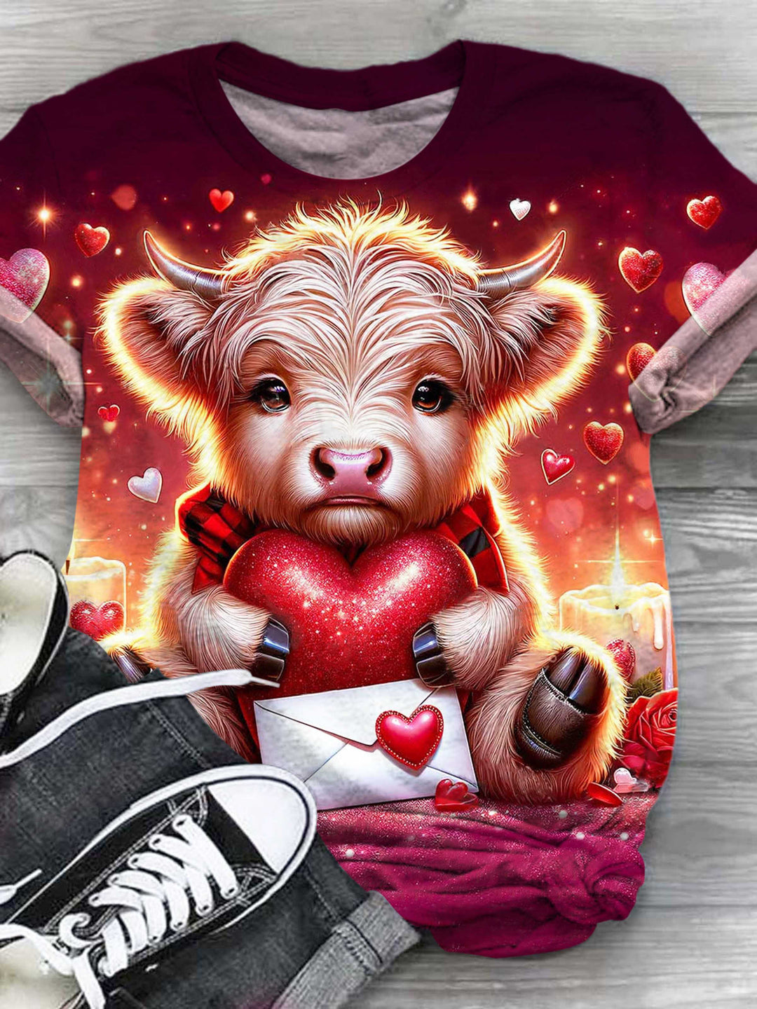 T-Shirt mit Rundhalsausschnitt und „Valentine Highland Cow Love Letter“-Print