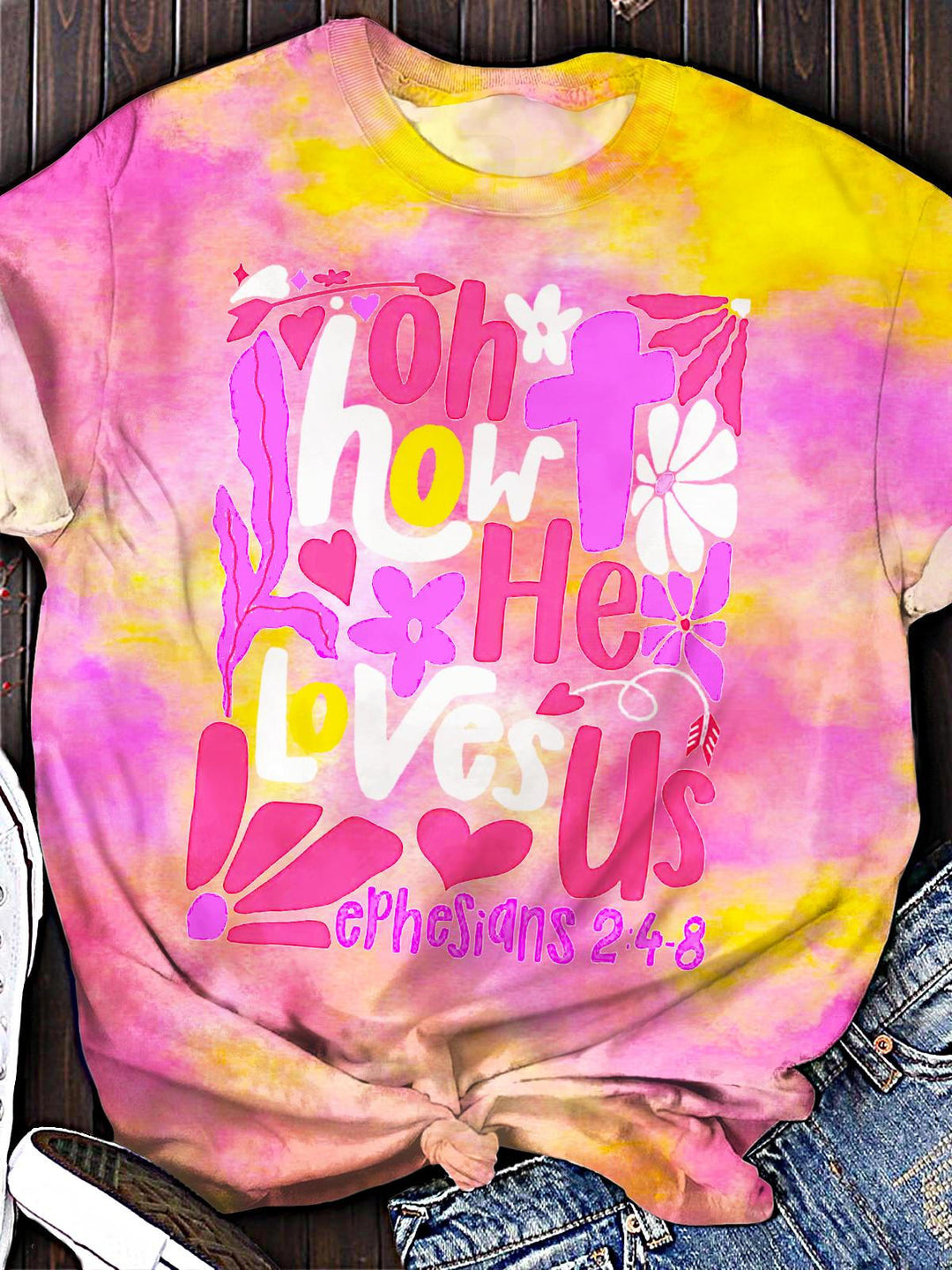 Women's Bohemian Valentine's Day Jesus Print Crew Neck T-shirt