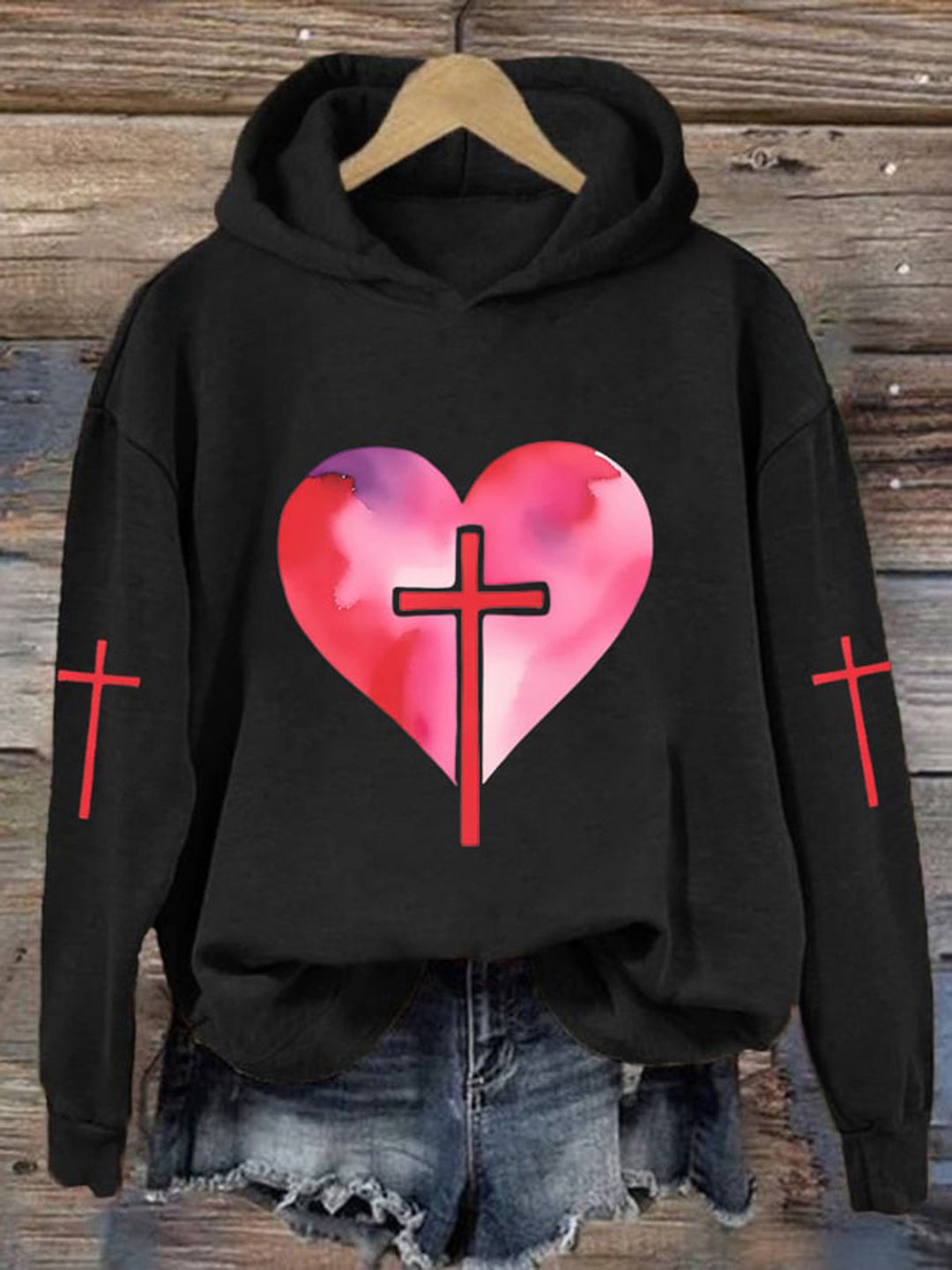 Women's Love Cross Long Sleeve Printed Hoodie