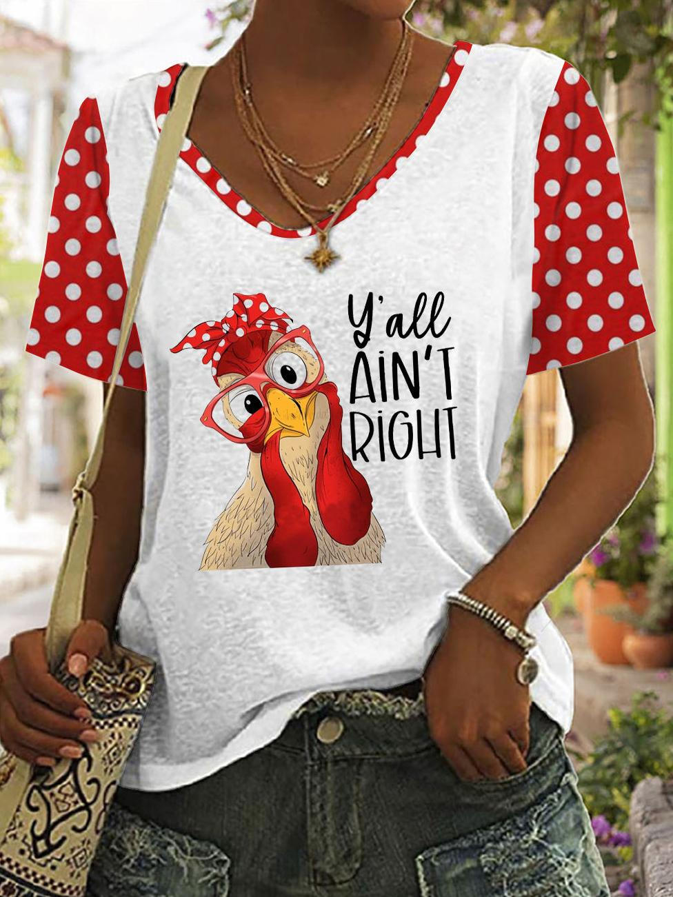T-Shirt mit V-Ausschnitt und „Y'all Ain't Right“-Print