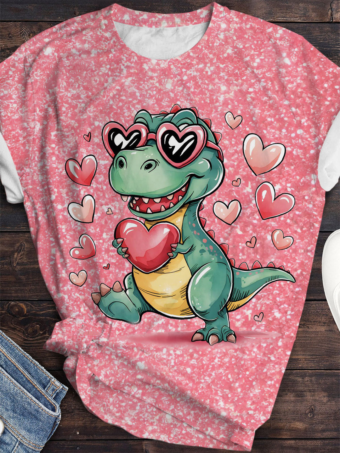 T-Rex-Rundhals-T-Shirt zum Valentinstag für Damen