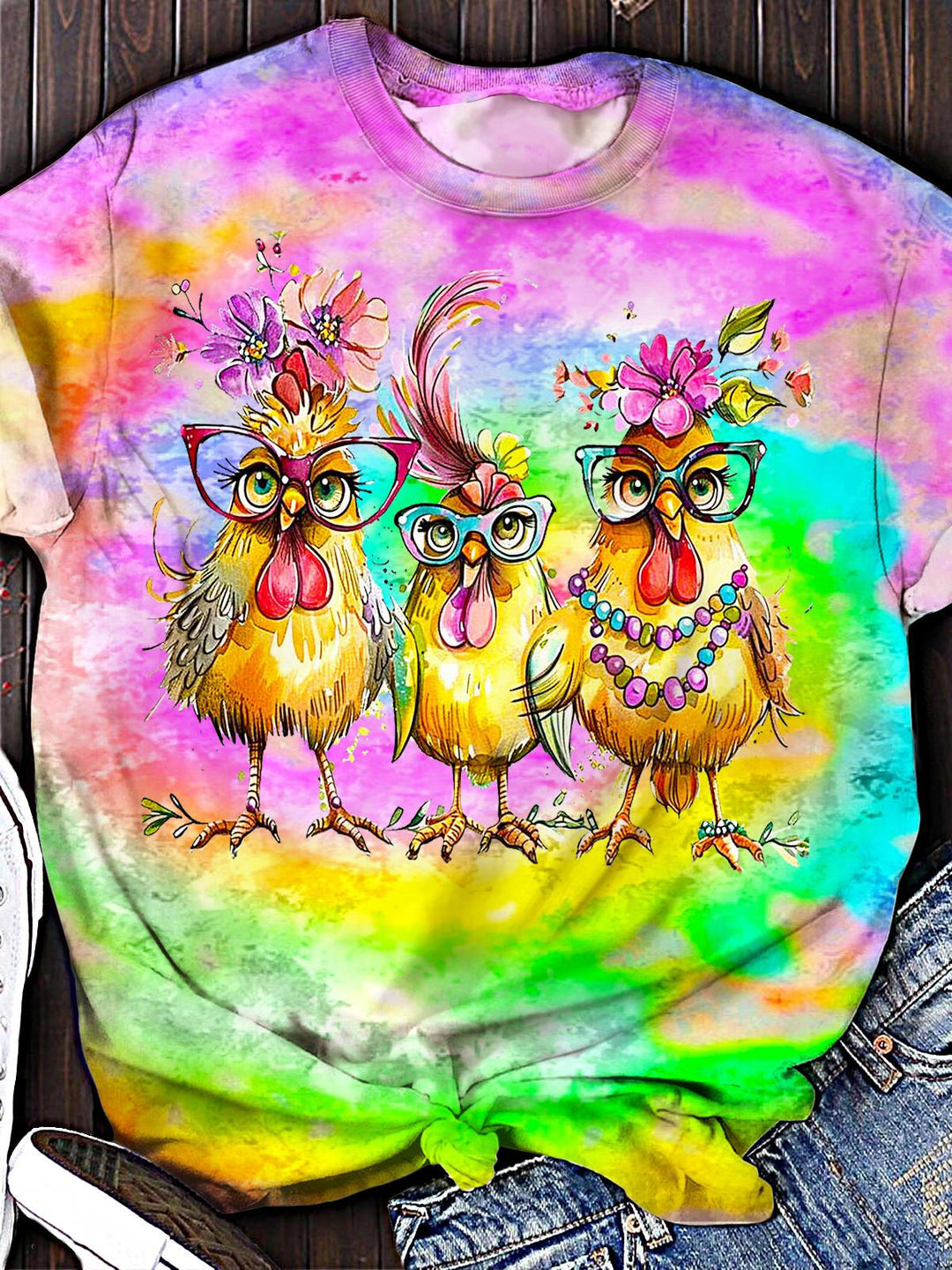 Retro Valentine Sisters Chick PrintCrew Neck T-shirt