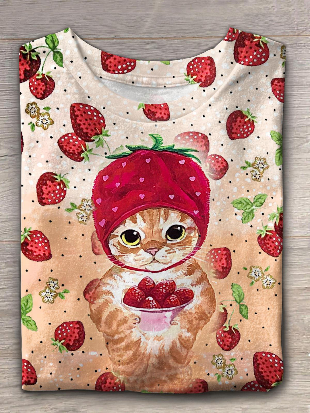 Damen-T-Shirt mit Rundhalsausschnitt und Erdbeer-Katzen-Print zum Valentinstag