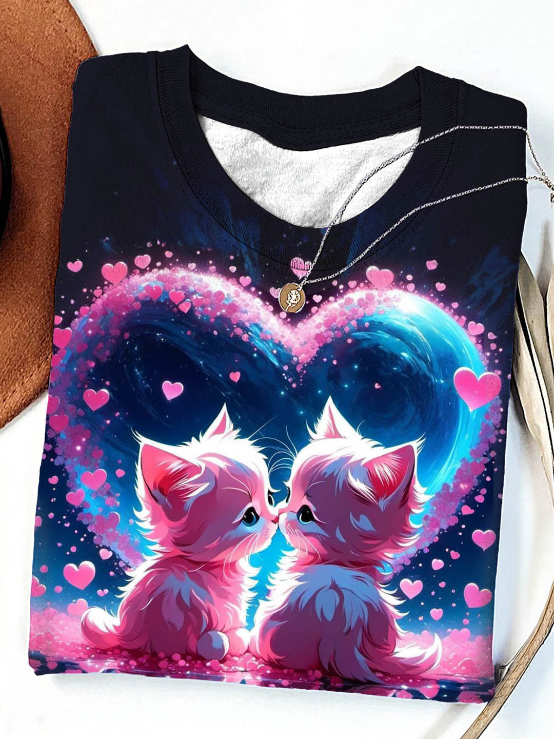 Damen Neon Cat Love Heart Rundhals-T-Shirt