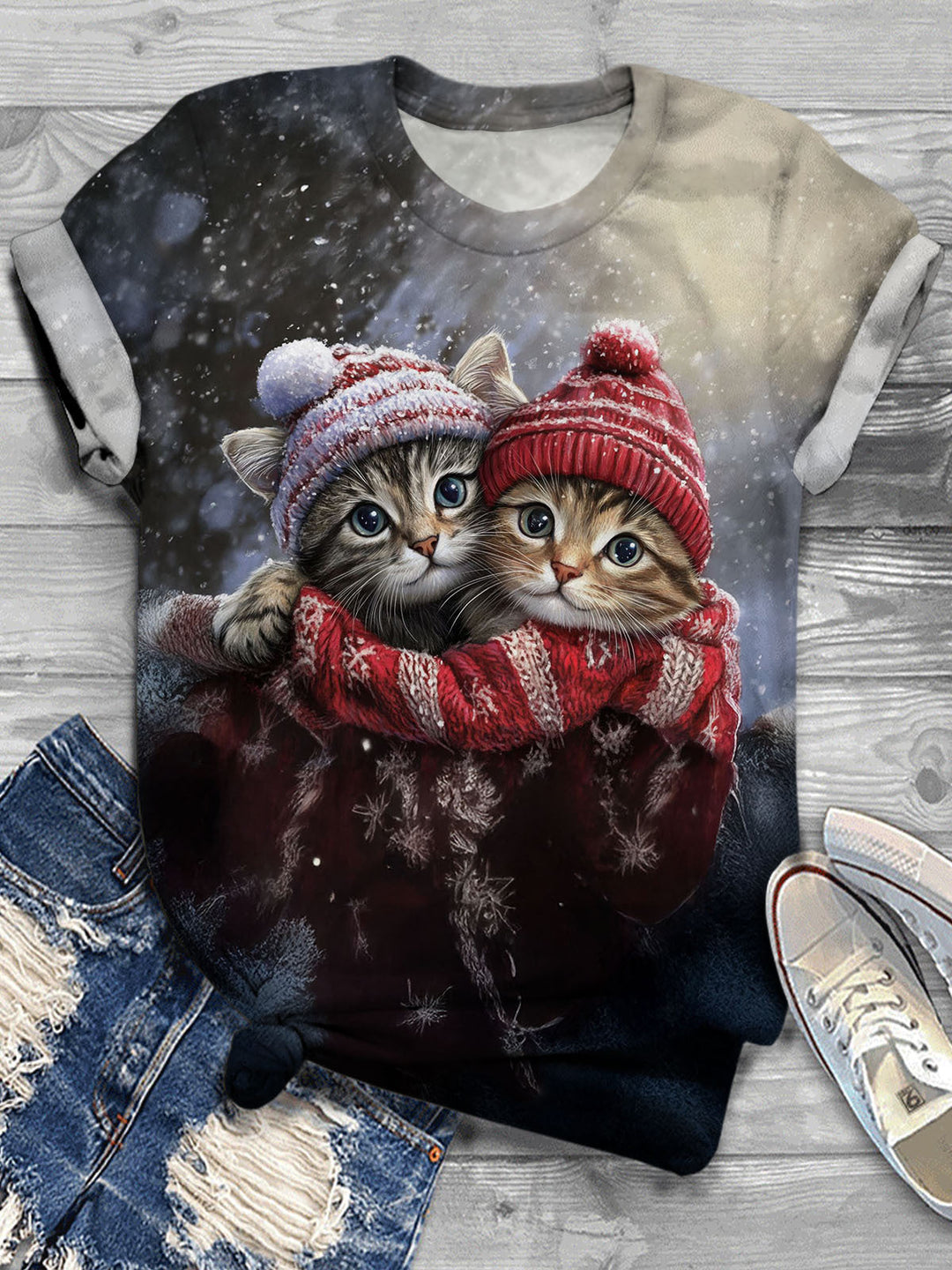 Lässiges T-Shirt mit süßem Katzenpaar-Print zum Valentinstag für Damen