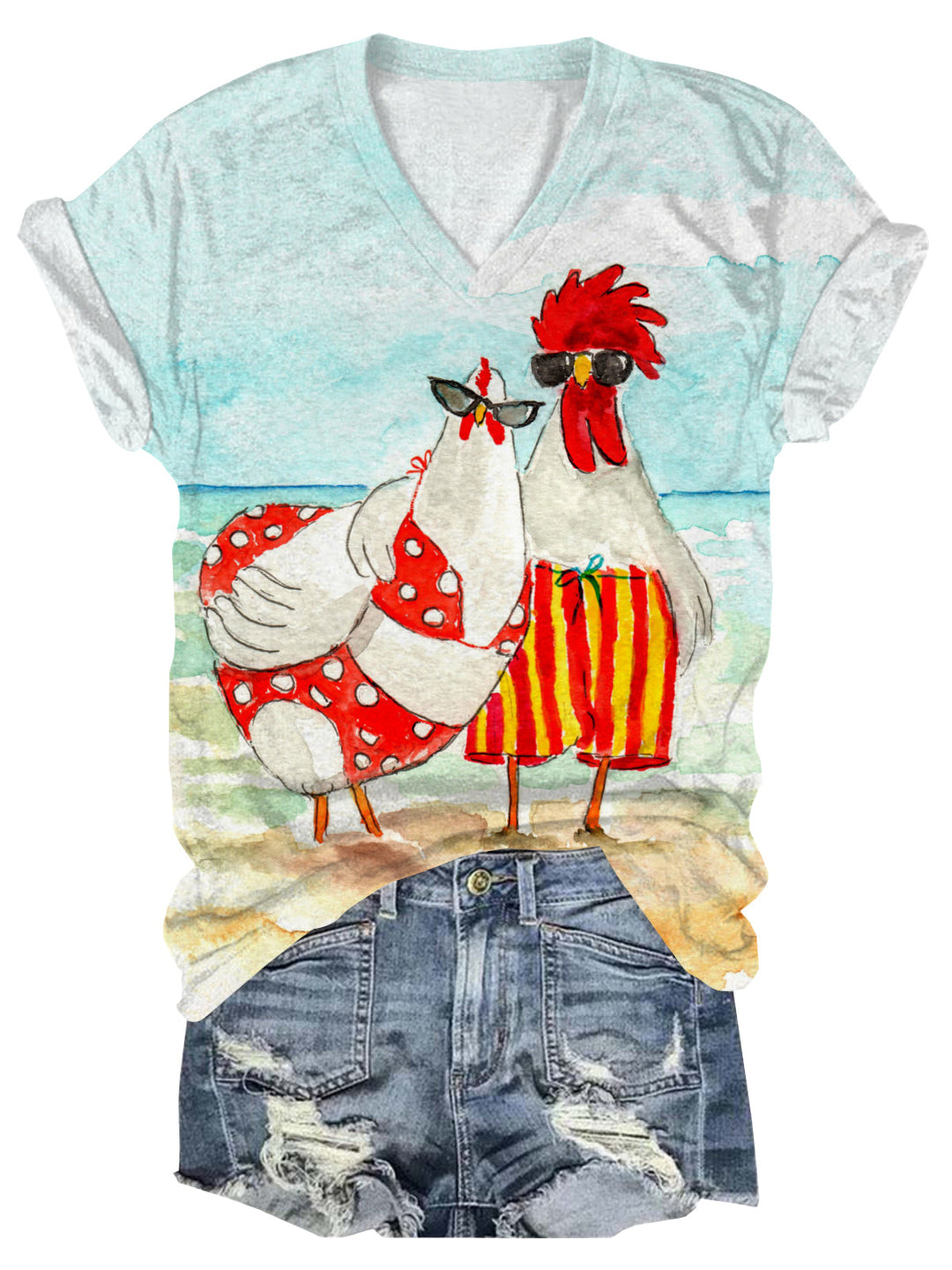 Chickens Of The Sea T-Shirt mit V-Ausschnitt und kurzen Ärmeln