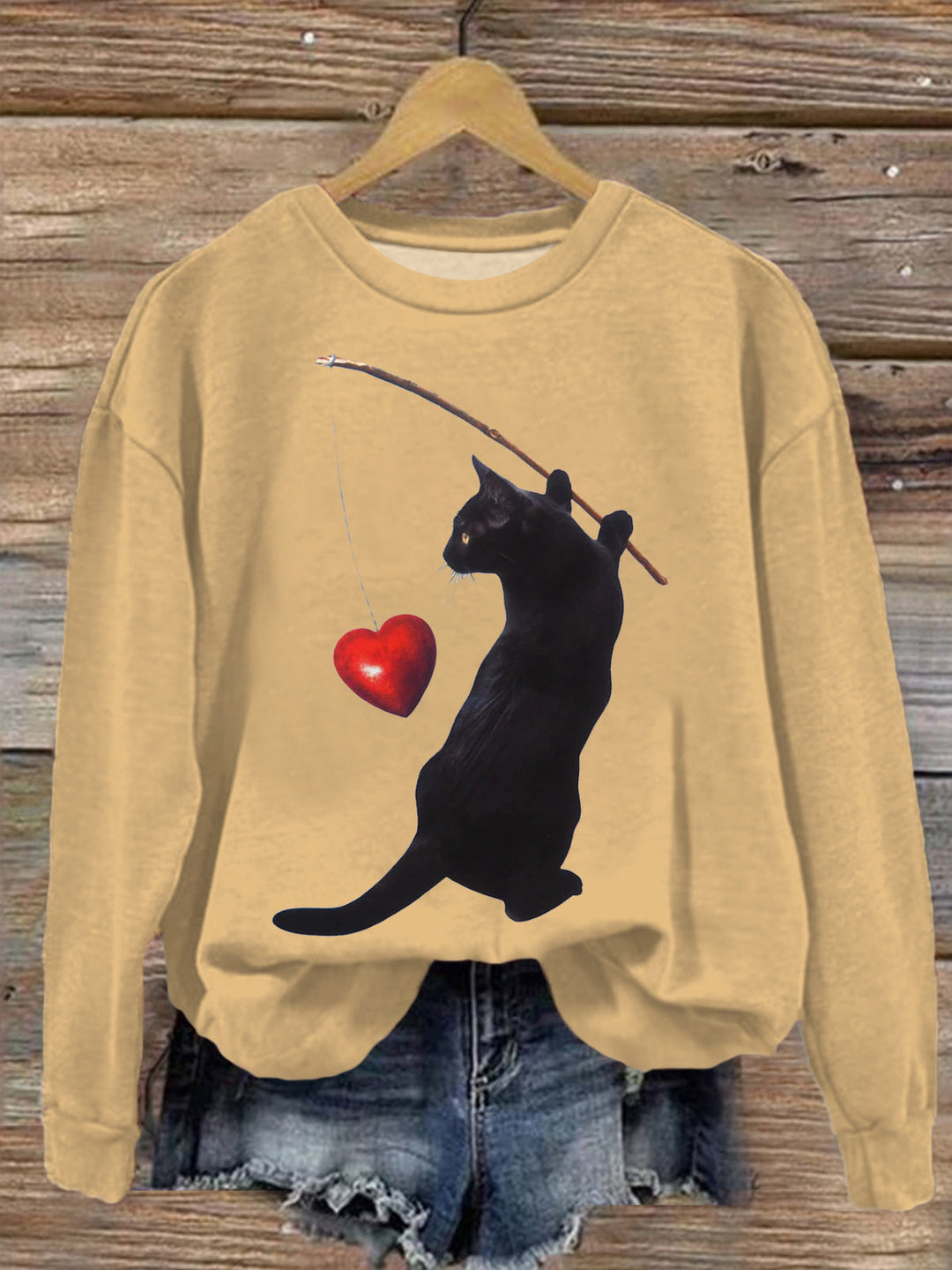 Black Cat Fishing Heart Valentines Printed Long Sleeve Casual Top