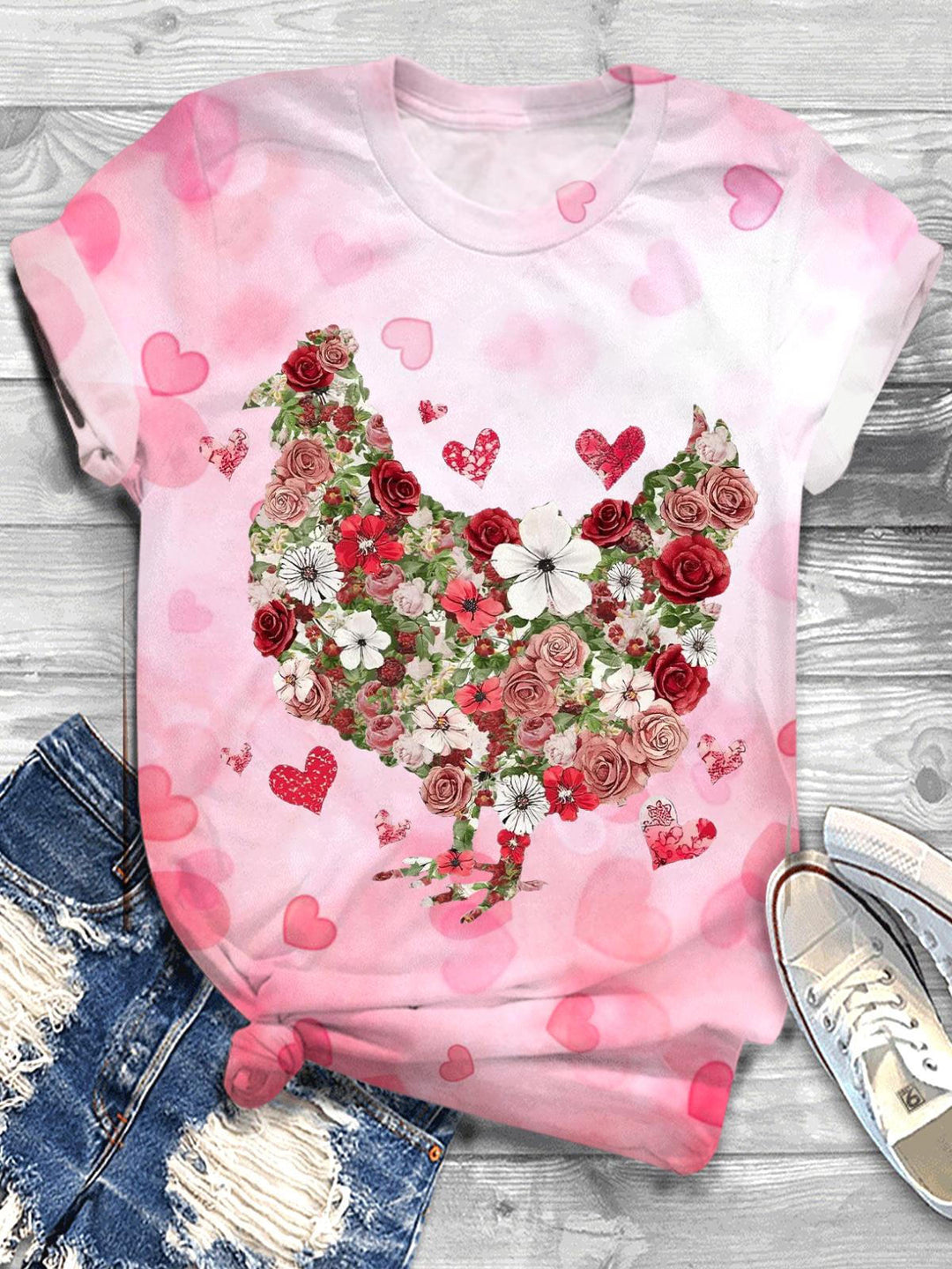 Rosa Blumen Huhn Valentinstag Rundhals T-shirt