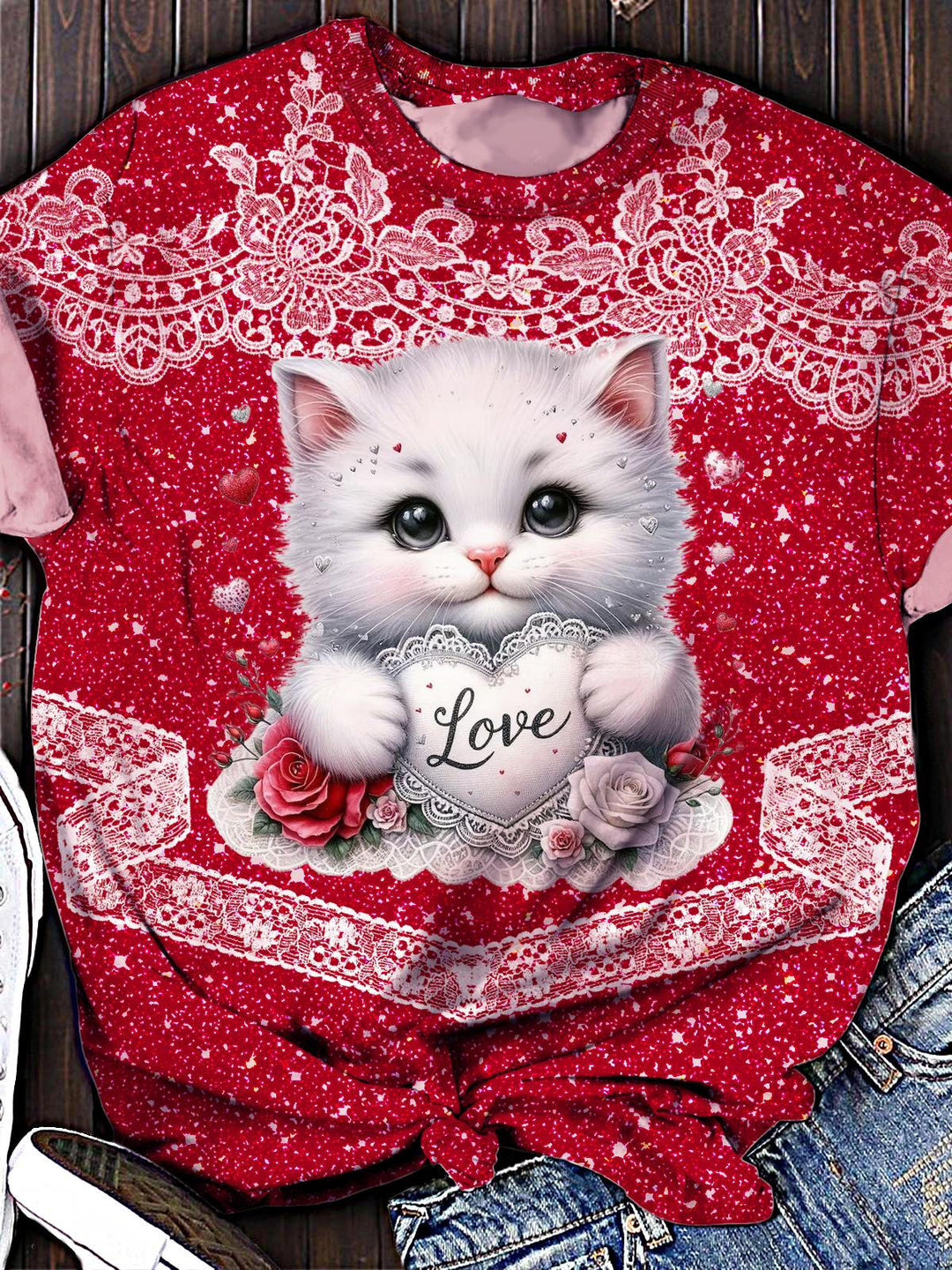 Women's Valentine's Day Lace Kitten Print Crew Neck T-shirt