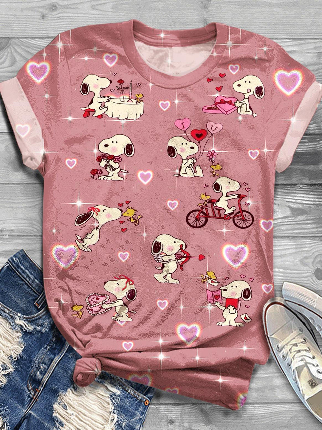 Women's Valentine's Day Snoopy Print Crew Neck T-shirt