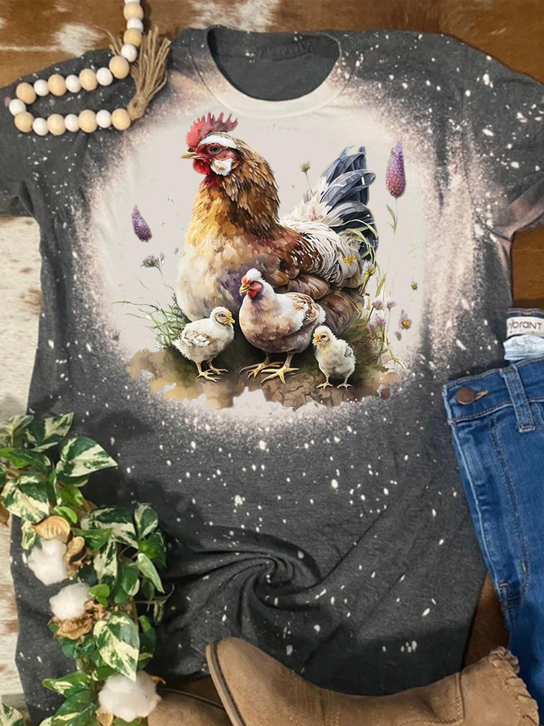 Lässiges Rundhals-T-Shirt mit Hühner-Print für Damen