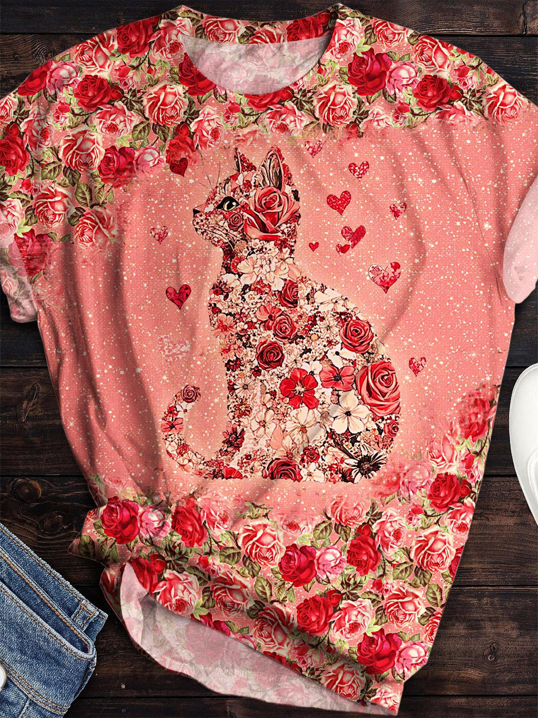 Damen-T-Shirt mit Rundhalsausschnitt und Retro-Rosenkätzchen-Valentinstag-Print