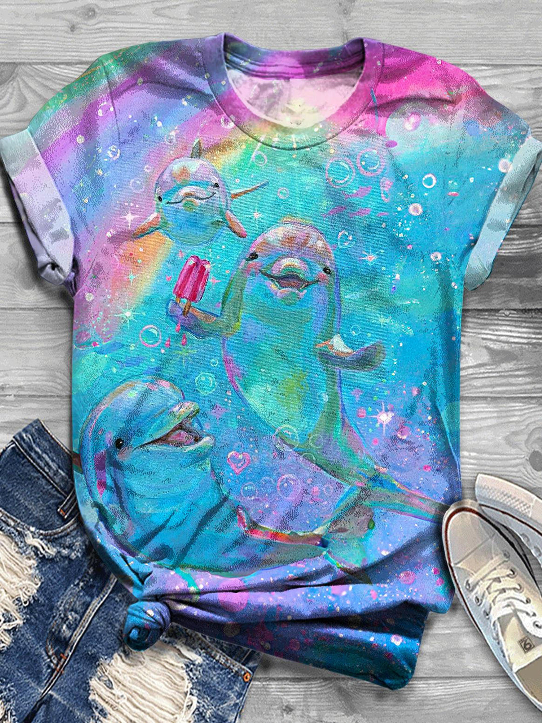 Women's Valentine's Day Dolphin Print Crew Neck T-shirt