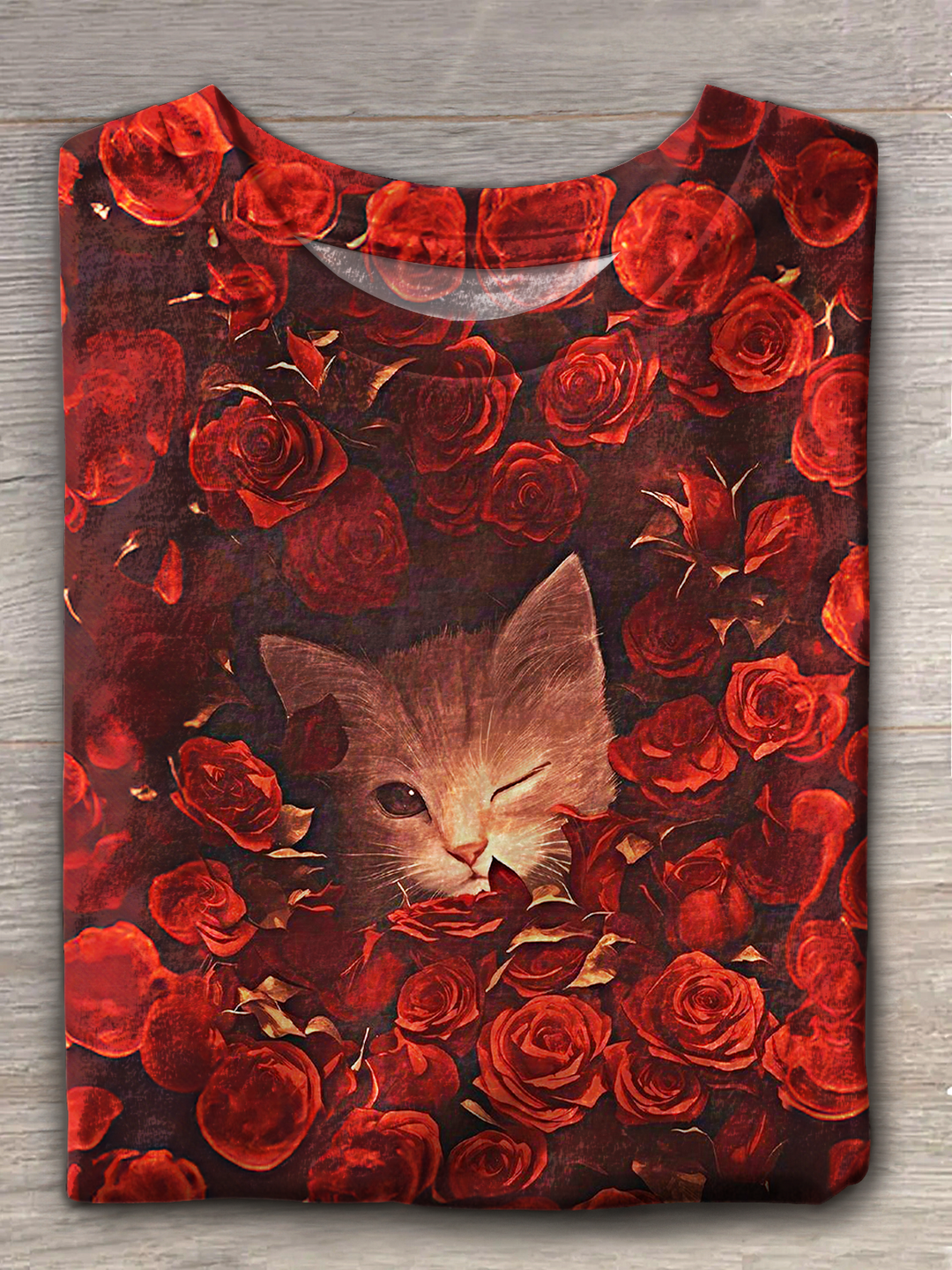 Damen-T-Shirt mit Rundhalsausschnitt und Rosenkätzchen-Print zum Valentinstag