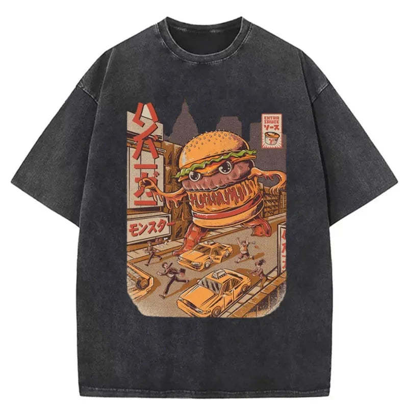 The Great Burger Kaiju Japanese Washed Crew Neck T-Shirt