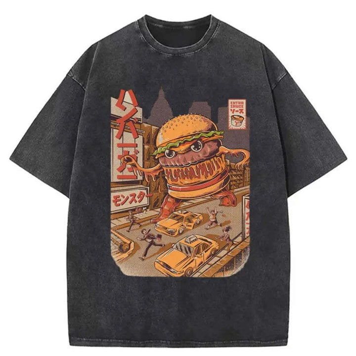 The Great Burger Kaiju Japanese Washed Crew Neck T-Shirt