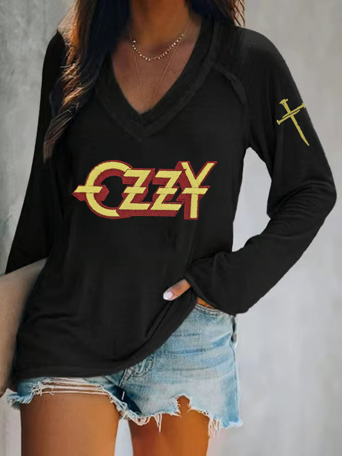 RIP Ozzy Osbourne Print V-Neck Long Sleeve Top