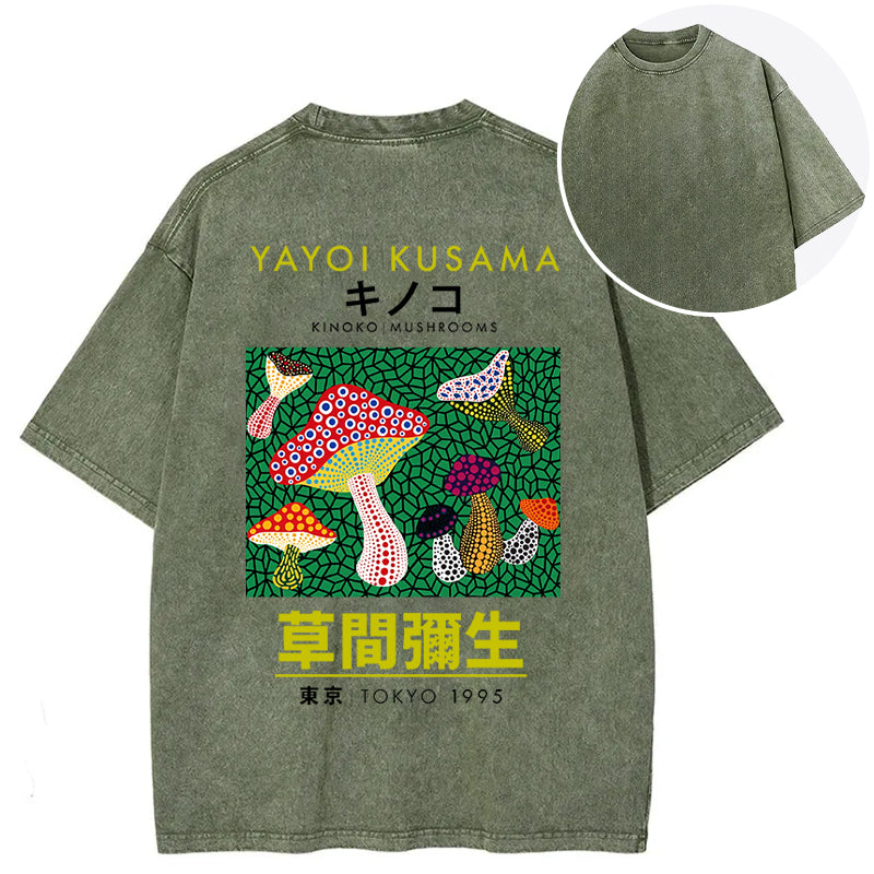 Yayoi Kusama Spotted Mushroom Vintage Washed Crew Neck T-Shirt