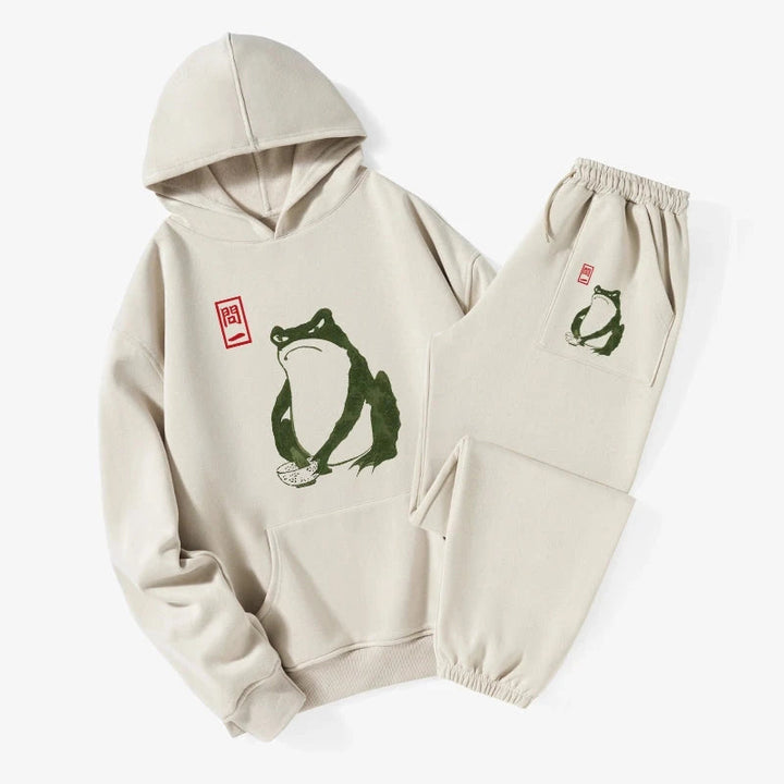 Woodblock Print Frog Fleece Lined Hoodie Set