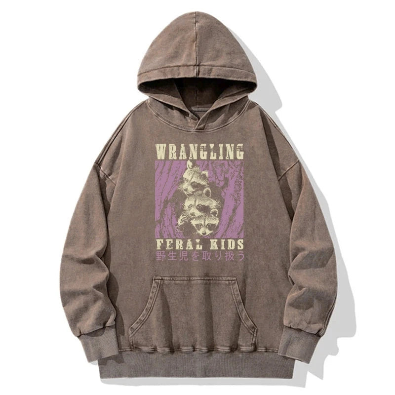 Wrangling Feral Raccoon Kids Washed Hoodie