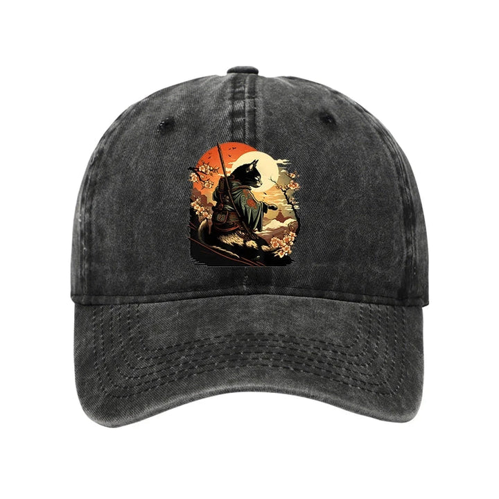 Cat Ninja Ukiyo-e Anime Style Samurai Washed Cap