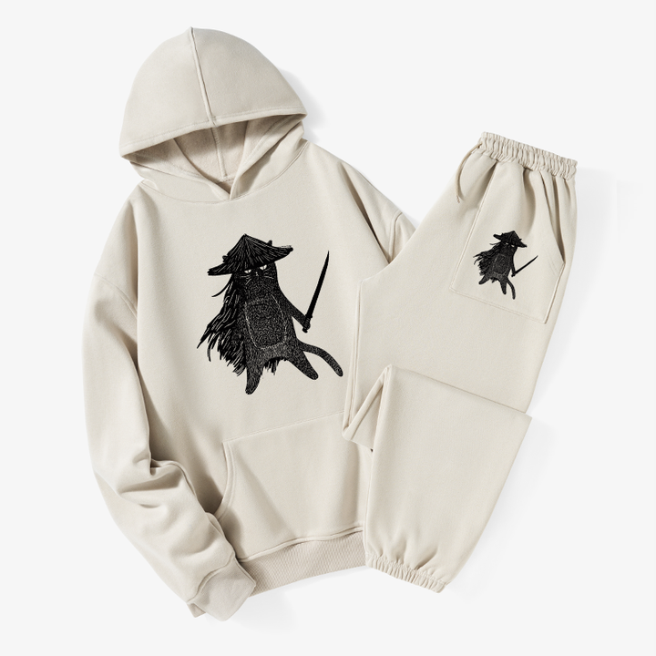 Japanese Samurai Cat Fleece Lined Hoodie Set
