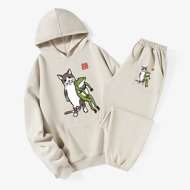 Cat Holding A Frog Fleece Lined Hoodie Set