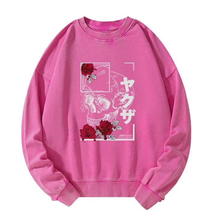 Skull Roses Japanese Aesthetic Washed Sweatshirt