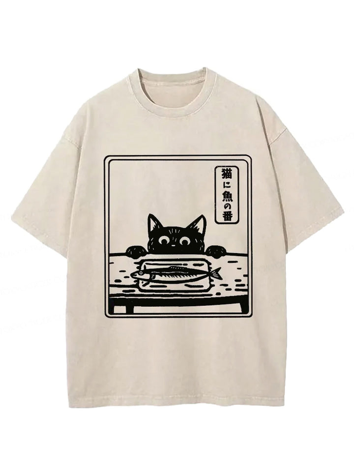 Funny Cat Staring At Fish Washed Crew Neck T-shirt