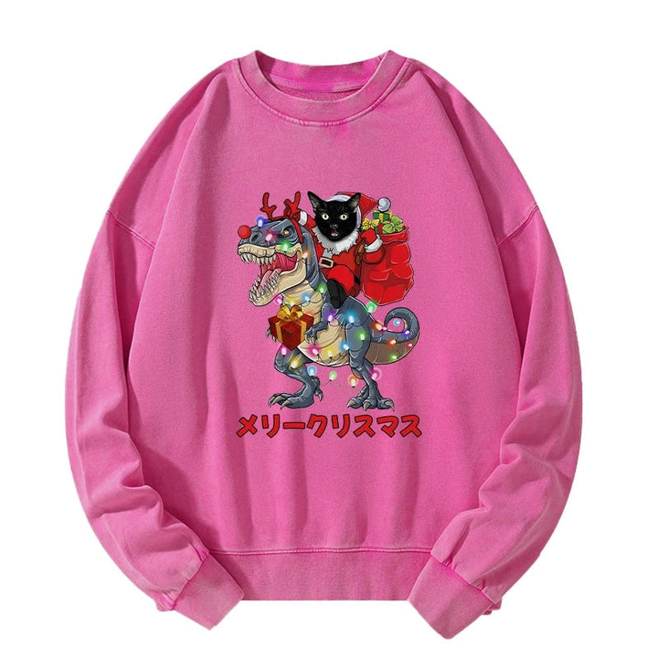 Cat Riding Dinosaur Christmas Washed Sweatshirt