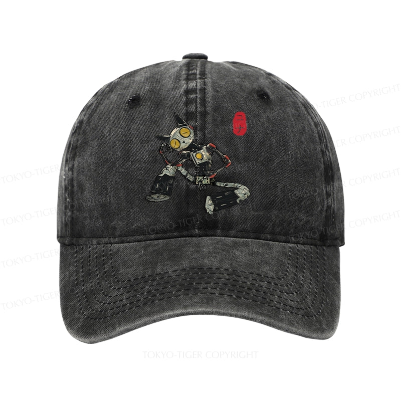 Contemplative Robot Cat Washed Cap