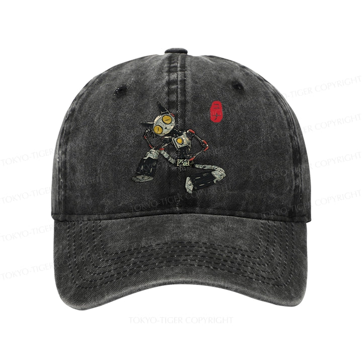Contemplative Robot Cat Washed Cap