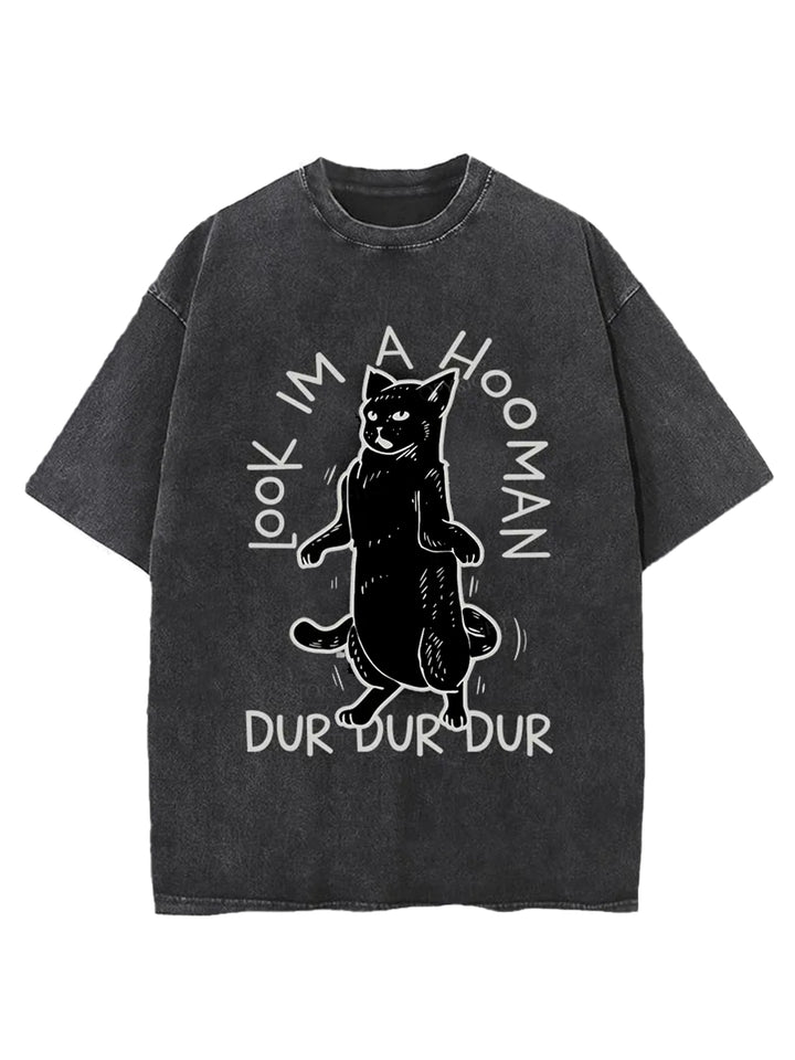 Dancing Cat Washed Crew Neck T-shirt