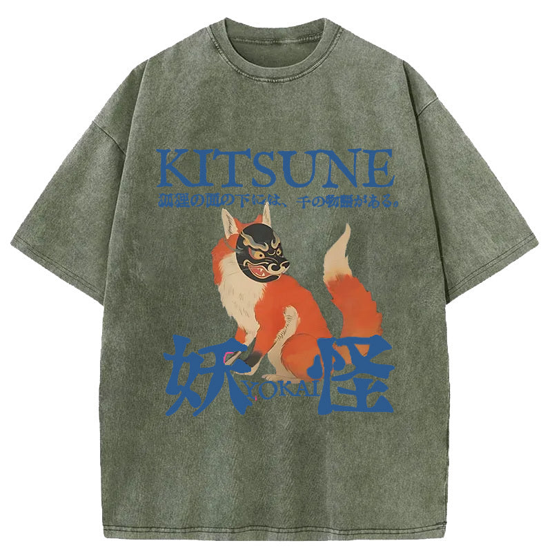 Japanese Fox Yokai Washed Crew Neck T-Shirt