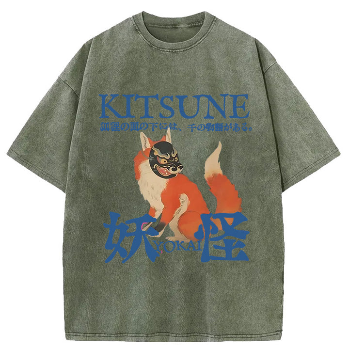 Japanese Fox Yokai Washed Crew Neck T-Shirt